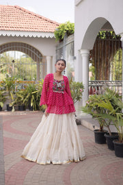 Women’s Embroidered Black Peplum Kurti with White Flared Lehenga Skirt