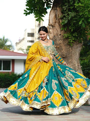 Women’s Teal Blue & Yellow Embroidered Lehenga Choli Set with Dupatta