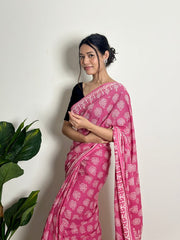 Women’s Ready to Wear Mul Cotton Saree with Pocket, Pink Printed Stitched Saree