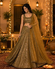 Women’s Golden Olive Green Embroidered Lehenga Choli with Dupatta