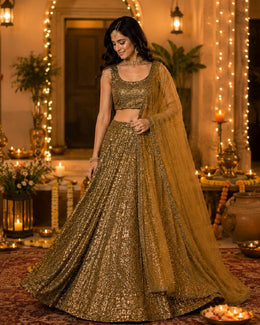 Women’s Golden Olive Green Embroidered Lehenga Choli with Dupatta
