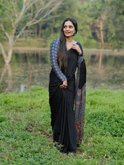 Women’s Ready to Wear Crape Silk Saree, Black and Blue Printed Stitched Saree