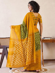 Women’s Ready to Wear Mul Cotton Saree with Pocket, Mustard Yellow and Olive Green