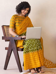 Women’s Ready to Wear Mul Cotton Saree with Pocket, Mustard Yellow and Olive Green