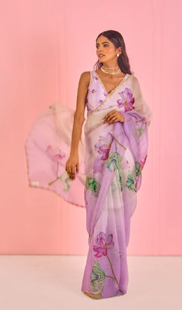 Women’s Ready to Wear Organza Silk Saree, Lavender Floral Printed Stitched Saree