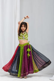 Girls Traditional Bandhani Printed Lehenga Choli Set with Dupatta, Multicolor Indian Ethnic Wear
