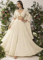 Women’s Designer Embroidered Lehenga Choli Set, Cream Ethnic Indian Wedding Dress