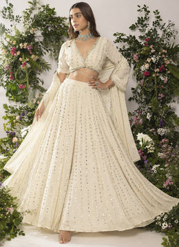 Women’s Designer Embroidered Lehenga Choli Set, Cream Ethnic Indian Wedding Dress