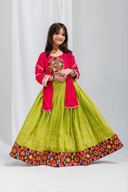 Traditional Indian Lehenga Choli Set with Green Flared Lehenga Skirt, Pink Printed Jacket Top