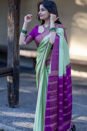 Mint Green and Purple Soft Silk Saree for Women with Contrast Woven Border