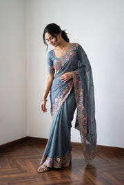 Women’s Blue Embroidered Saree with Floral Border, Elegant Traditional Indian Saree