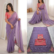 Women’s Lavender Purple Saree with Floral Embroidery and Decorative Border