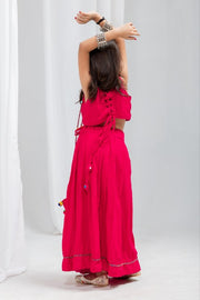 Indian Ethnic Dress, Pink Sleeveless Anarkali Style Maxi Dress with Multicolor Tassel