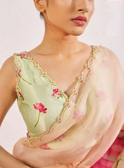 Women’s Ready to Wear Organza Silk Saree, Peach Floral Printed Stitched Saree