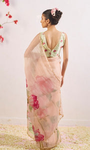 Women’s Ready to Wear Organza Silk Saree, Peach Floral Printed Stitched Saree