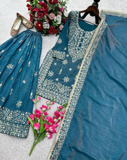 Women’s Teal Embroidered Kurta Sharara Set with Dupatta