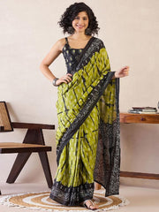 Women’s Ready to Wear Mul Cotton Saree with Pocket, Olive Green and Black Printed Stitched Saree