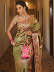 Saree for Women with Golden Paisley Butti and Rich Zari Jacquard Border