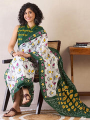 Women’s Ready to Wear Mul Cotton Saree with Pocket, White and Green Printed Saree