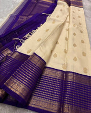 Cream White Silk Saree for Women with Golden Butti and Royal Blue Zari Jacquard Border