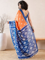 Women’s Ready to Wear Mul Cotton Saree with Pocket, Orange and Blue Printed