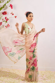 Women’s Ready to Wear Organza Silk Saree, Peach Floral Printed Stitched Saree