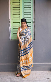 Women’s Ready to Wear Mul Cotton Saree with Pocket, Blue and Mustard Printed Stitched Saree