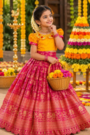 Girls Traditional Kerala Lehenga Choli Set – Silk Finish Digital Print Festive Wear.