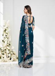 Teal Blue Embroidered Designer Saree – Indian Wedding Guest & Party Wear Saree