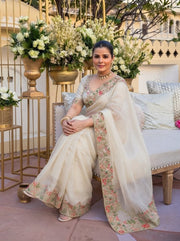 Rust Orange and Off White Embroidered Designer Saree – Indian Wedding Guest & Party Wear Saree