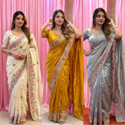 Ivory Tissue Silk Saree – Heavy Embroidered Indian Wedding & Party Wear Saree