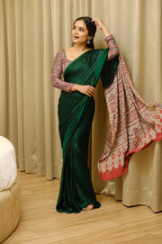 Women’s Ready to Wear Crape Silk Saree, Elegant Dark Green Printed Stitched Saree