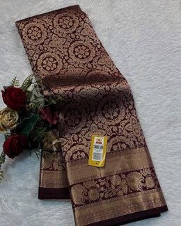 Dark Brown Banarasi Silk Saree for Women with All Over Floral Jacquard Weave