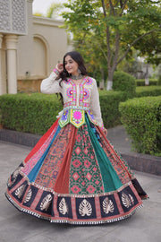 Women’s Black Printed Anarkali Gown with Kutchi Gamthi Embroidery and Mirror Work