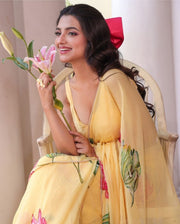 Women’s Ready to Wear Organza Saree, Yellow Floral Printed Stitched Saree