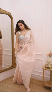 Women’s Soft Pink Chiffon Saree with Silver Embroidered Border for Wedding, Party & Festive Wear