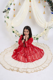 Indian Lehenga Choli Set with Red Bandhani Printed Top and Cream Flared Lehenga Skirt