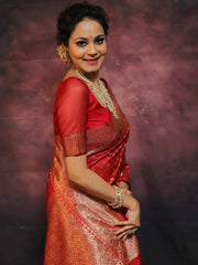 Red Banarasi Silk Saree for Women with All Over Woven Butti Design