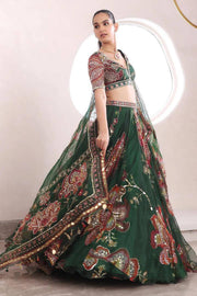 Women’s Green Floral Printed Embroidered Lehenga Choli with Dupatta