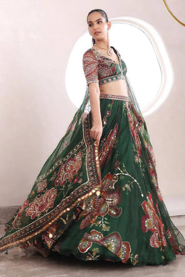 Women’s Green Floral Printed Embroidered Lehenga Choli with Dupatta