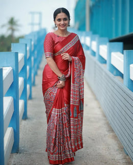 Women’s Ready to Wear Crape Silk Saree, Red Printed Stitched Saree with Traditional look