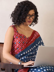 Women’s Ready to Wear Mul Cotton Saree with Pocket, Blue and Red Printed