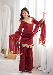 Women’s Beige,Maroon Embroidered Anarkali Suit Set with Dupatta