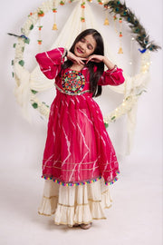 Indian Lehenga Choli Set with Pink Bandhani Printed Top and Cream Flared Lehenga Skirt