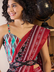 Women’s Black and Red Printed Mul Cotton Ready to Wear Saree with Pocket