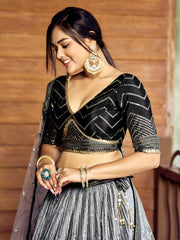 Women’s Sequin Embroidered Lehenga Choli Set with Net Dupatta, Silver Zari Work A-Line Ethnic Indian Traditional Party Wear Outfit
