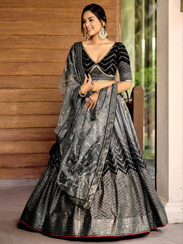 Women’s Sequin Embroidered Lehenga Choli Set with Net Dupatta, Silver Zari Work A-Line Ethnic Indian Traditional Party Wear Outfit