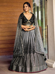 Women’s Sequin Embroidered Lehenga Choli Set with Net Dupatta, Silver Zari Work A-Line Ethnic Indian Traditional Party Wear Outfit
