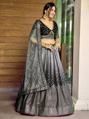 Women’s Sequin Embroidered Lehenga Choli Set with Net Dupatta, Silver Zari Work A-Line Ethnic Indian Traditional Party Wear Outfit