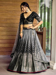 Women’s Sequin Embroidered Lehenga Choli Set with Net Dupatta, Silver Zari Work A-Line Ethnic Indian Traditional Party Wear Outfit